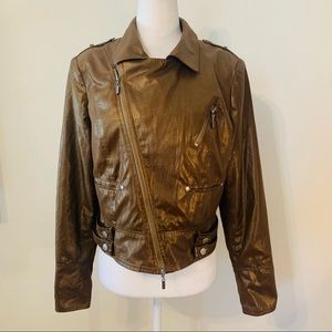 BISOU BISOU Brown Faux Leather Look Biker Jacket Size Large